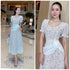 Lacey Square Neck Puff Sleeves Long Dress